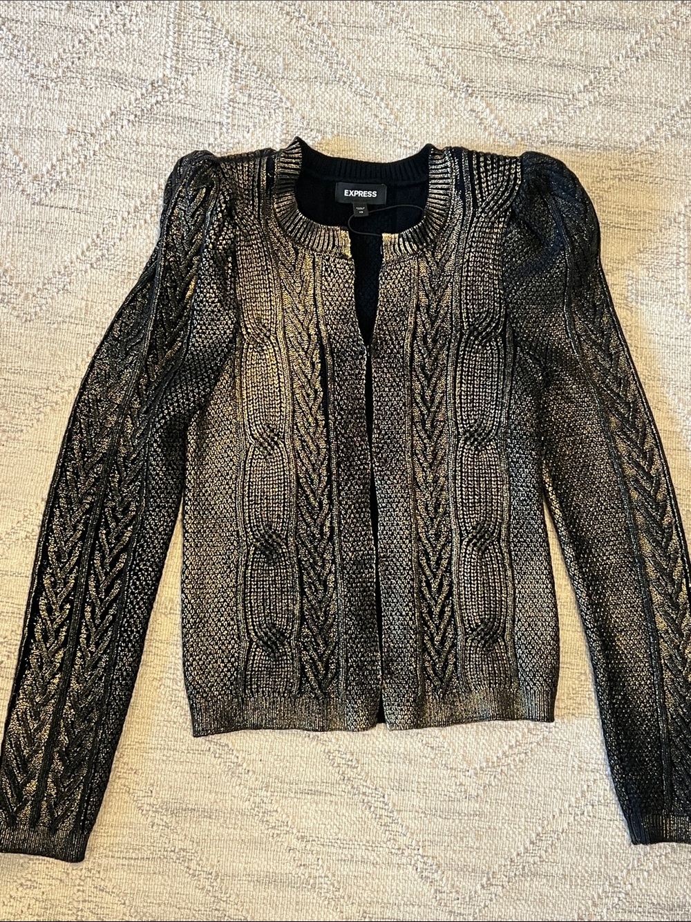 Express Metallic Gold/Black Cable-Knit Cardigan Sweater, puff sleeve, XS